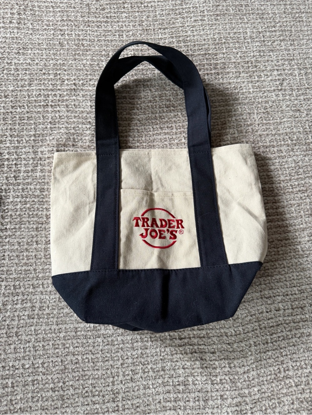 Mini Trader Joe's Canvas Tote Bag in Cream and navy blue